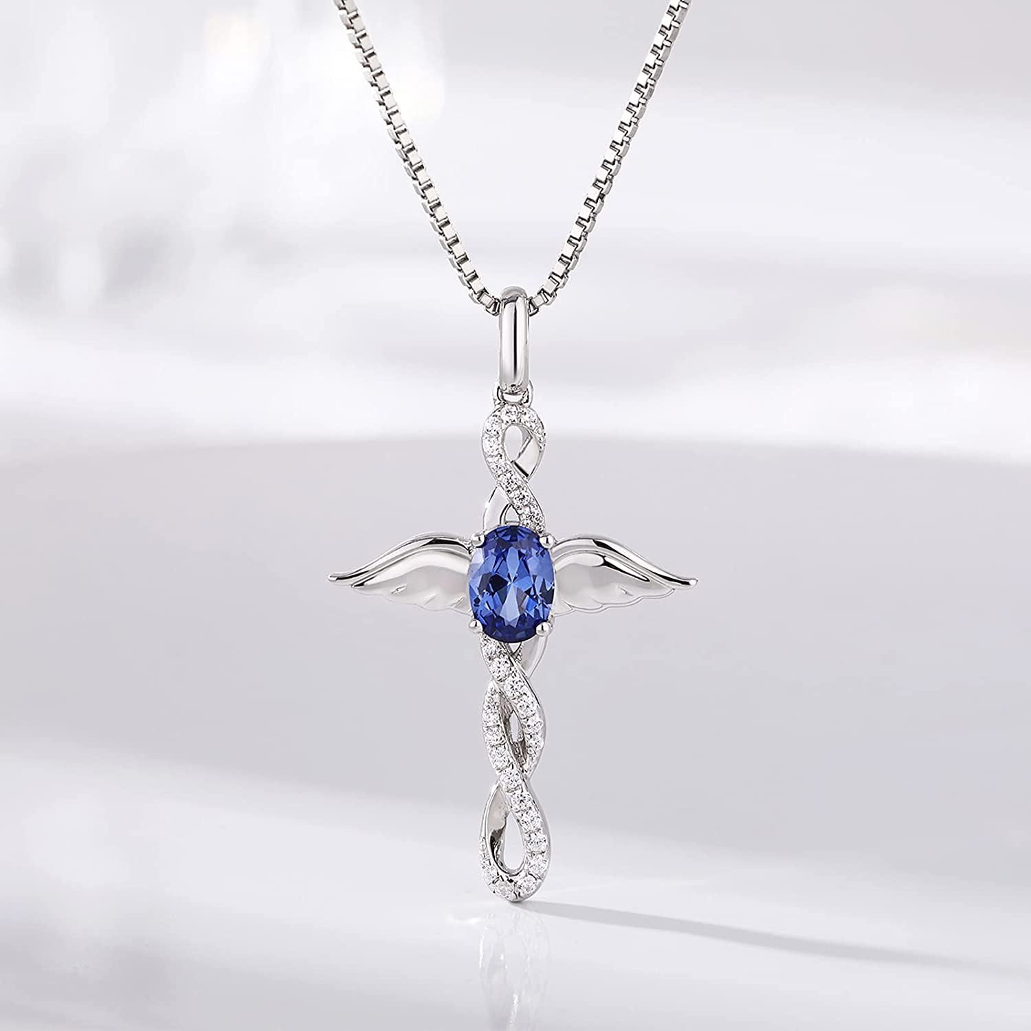 ZDaoBen Angel Wing Cross Necklace 925 Sterling Silver Infinity Cross Pendant Birthstone Cubic Zirconia Necklace CZ Diamond Cross Jewelry Baptism Gift for Women,Girls Come with Gift Box